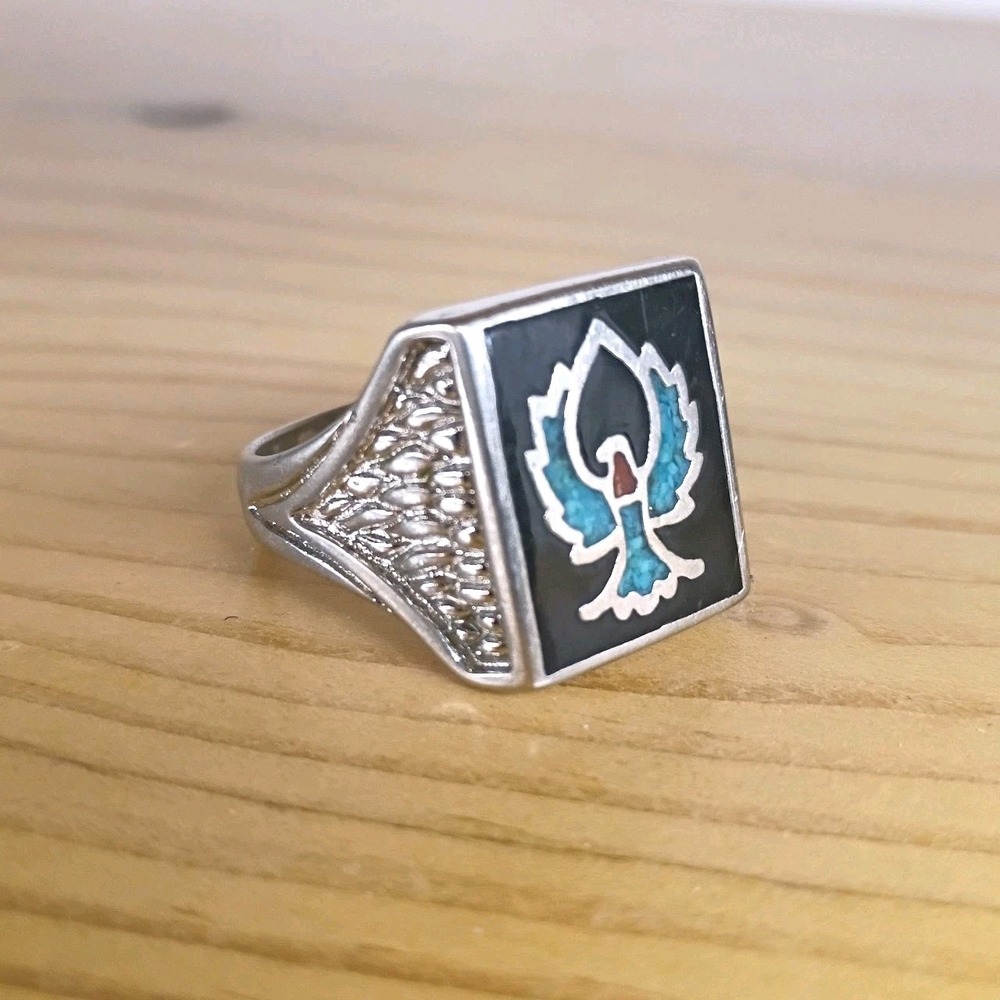 Vintage Navajo Silver Turquoise Inlay Thunderbird Ring‎ Size 12 (Metal Unknown)